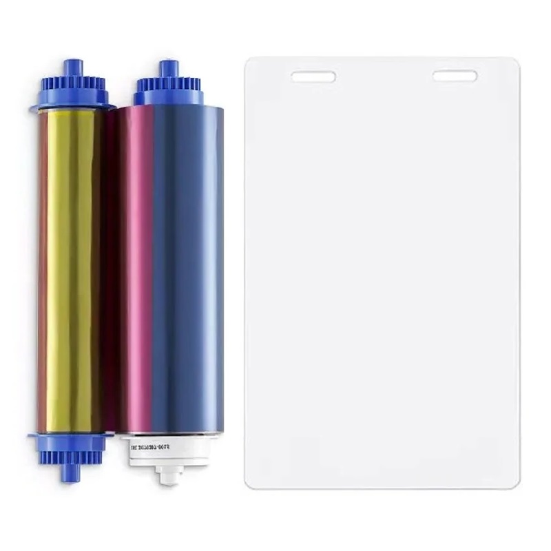 Picture of Zebra ZC10L color ribbon/dye film (YMC0) and cards with 2 slots / oval holes. Zebra 106000-10L2 - 400 prints and 400 cards. ZEB-106000-10L2