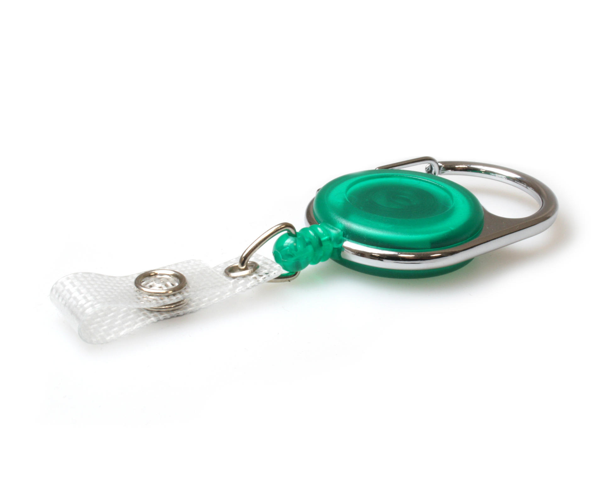 Picture of Green translucent carabiner ID badge reel with reinforced strap. 60270234
